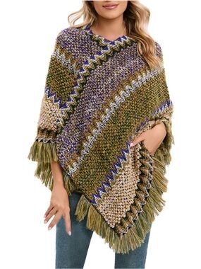 Chunky Knit Fringe Poncho Sweater Olive Green Multi One Size Boho Cottagecore